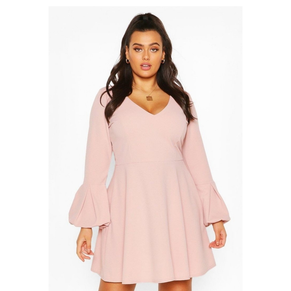 Boohoo Plus Volume Sleeve Pink Skater Dress